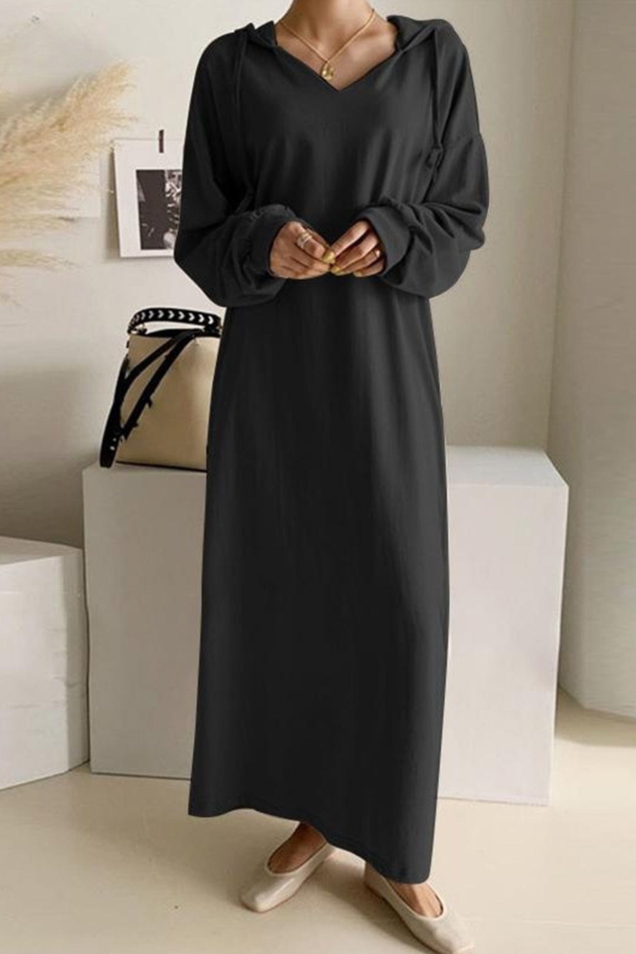 Tzedek Maxi Dresses Black / S Yafit™ - V Neck Hooded Dress