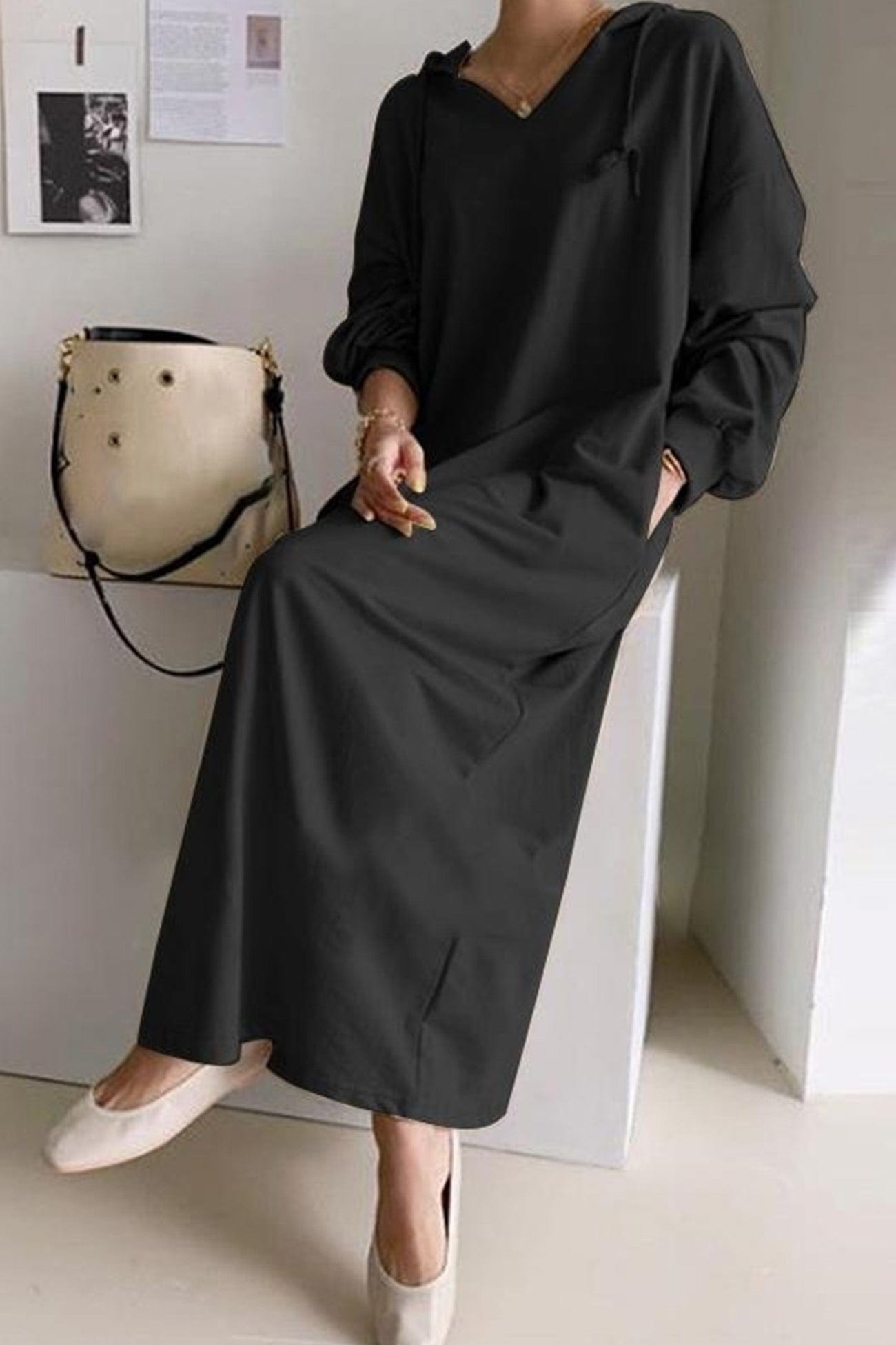 Tzedek Maxi Dresses Black / XL Yafit™ - V Neck Hooded Dress
