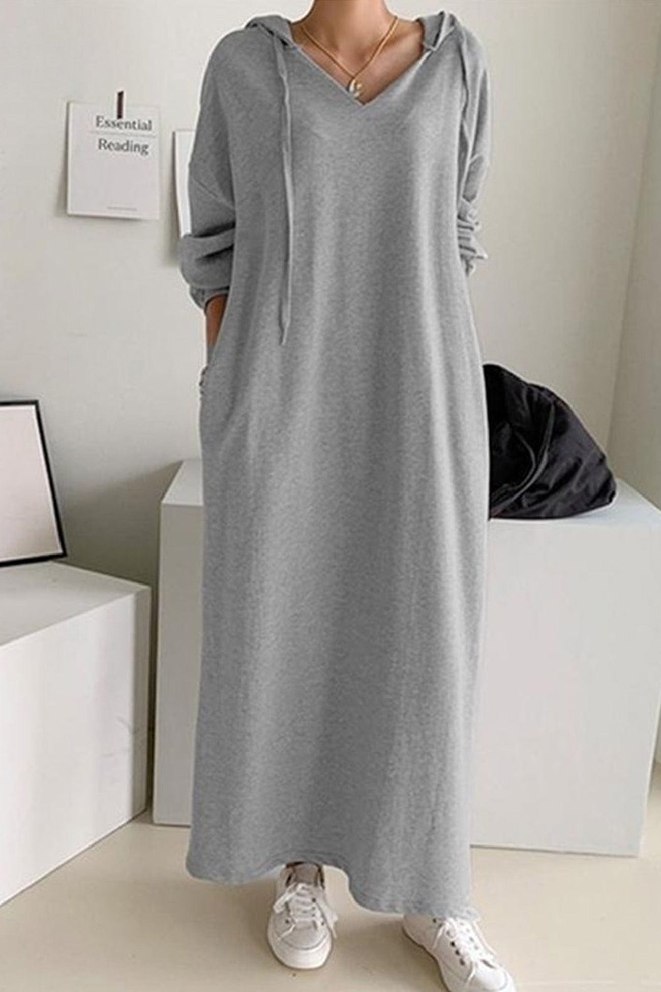 Tzedek Maxi Dresses Grey / S Yafit™ - V Neck Hooded Dress