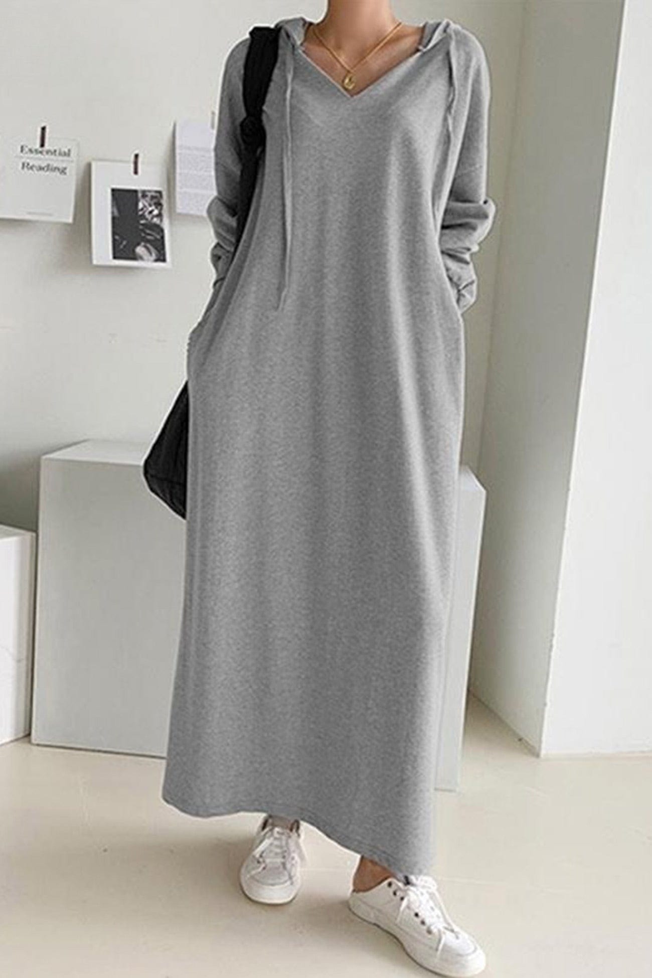 Tzedek Maxi Dresses Grey / XL Yafit™ - V Neck Hooded Dress