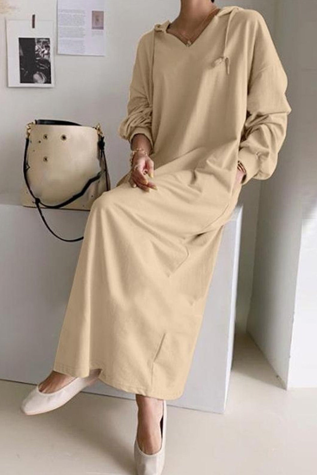 Tzedek Maxi Dresses Light Yellow / XL Yafit™ - V Neck Hooded Dress