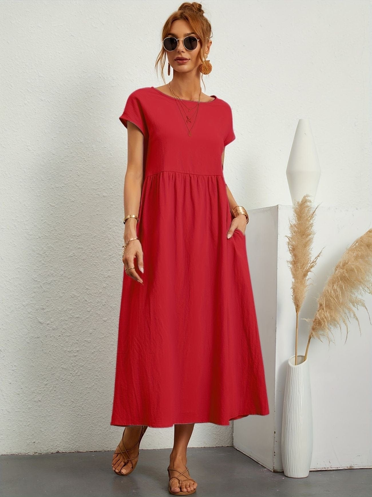 Tzedek Red / S-AU8 EMMA - O-NECK CASUAL DRESS